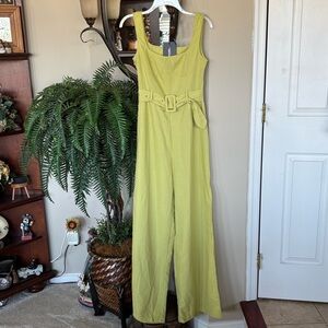 Brand New PrettyLittleThing Lime Woven Belted Split Leg Jumpsuit Lightweight
